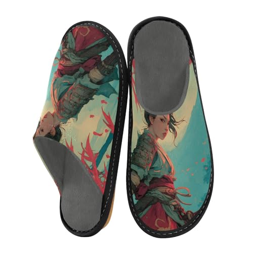House Slippers Forest Samurai Print, Outdoor Indoor Unisex Rubber Sole Memory Foam 4-5
