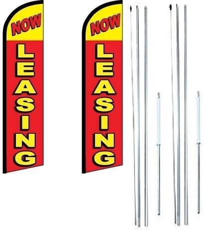Now Leasing (Red & Yellow) King Windless Flag Sign With Complete Hybrid Pole set - Pack of 2-(FI)