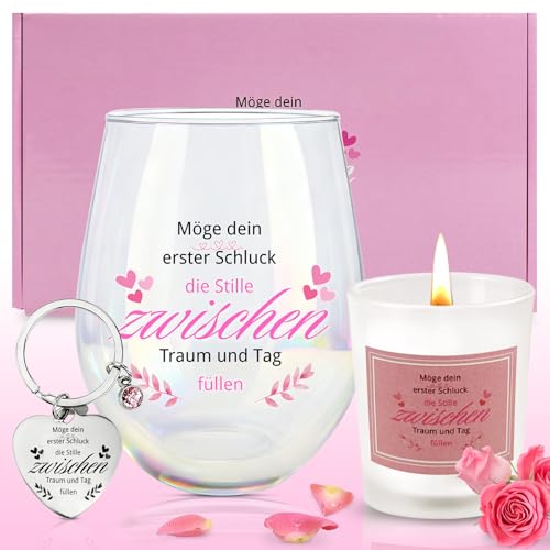 CPKONUUIP Cadeau pour femme : Ensemble cadeau romantique pour femme - Verres à vin, bougie parfumée et porte-clés en forme de cœur pour anniversaire, Saint-Valentin, cadeau d'amitié ou de remerciement