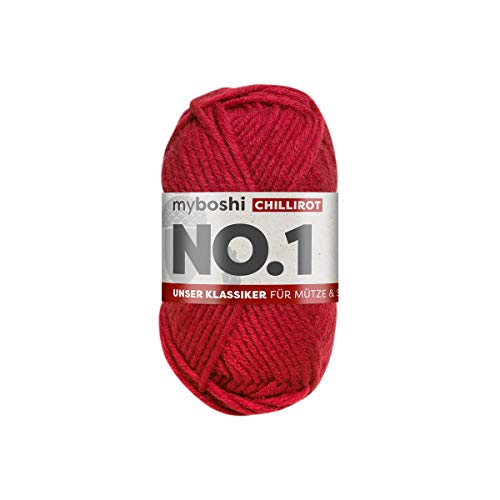 myboshi No.1 Wolle zum Häkeln und Stricken, Schnellstrickgarn, langlebige Mützenwolle, Strickwolle, Häkelwolle, mulesing-frei, 50g, Ll 55m Rot (Chillirot) 1 Knäuel