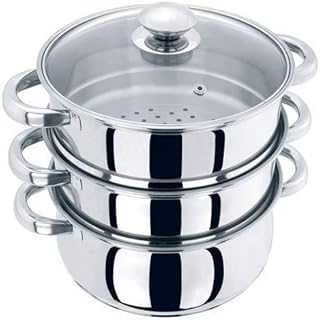 24cm 3 Tier Stainless Steel Vegetable and Meat Chicken/Lamb/Beef Food Steamer Steam Set Base Glass Vented Lid