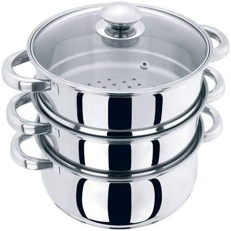 24cm 3 Tier Stainless Steel Vegetable and Meat Chicken/Lamb/Beef Food Steamer Steam Set Base Glass Vented Lid