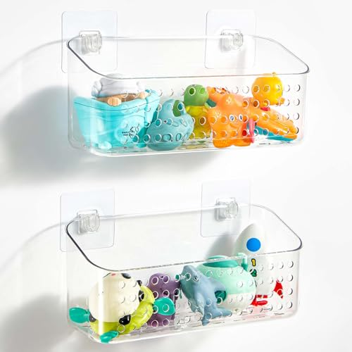 Eunion Bath Toy Storage 2 Packs, Large Bath Toy Holder, Quick Dry Bathtub Toys Organizer, Shower Caddy Shower Organizer for Bathroom Storage, No Drill Shelves Basket, Drainable, Clear White
