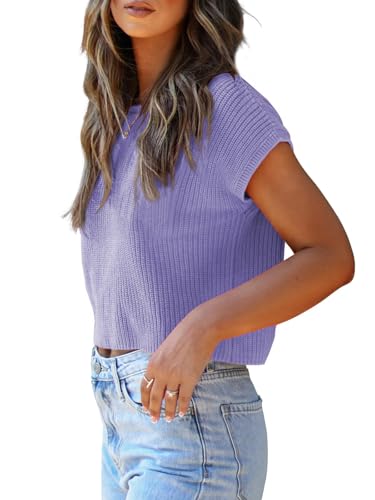 Image of LCXWFE Womens Summer Cropped Sweater Vest Trendy Cap Sleeve Crop Tops Crew Neck Loose Knit Tank Top