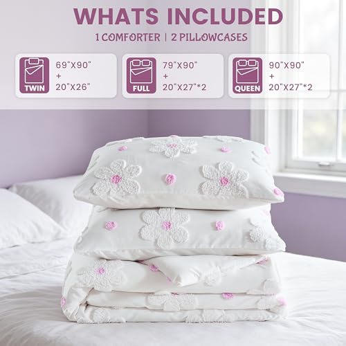 Image of Full Comforter Set for Girls Soft Pink Tufted Daisies Flowers Bedding Sets | CotComf 3 Pieces Full Size Floral Bedding Set for Girls Full Bed in A Bag Cute Comforter Bed Set for Kids Teen Girls Women