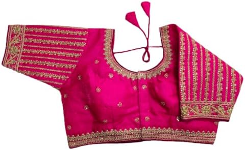 Pujia Mills Women's Readymade Blouse Embroidery Multi Coding Gold Thread Indian Ethnic Designer Stitched Readymade Saree Half Sleeve Blouse for Women for Saree Lehenga Choli