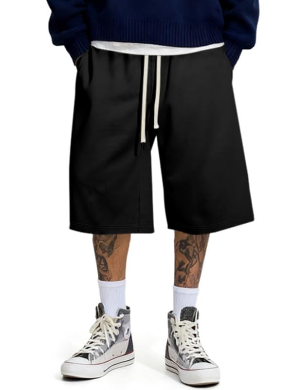 JMIERR Herren Kurze Hose Schwarz Sommer Shorts Joggingshorts Baggy Sweatpants Kurz Gym Sportshorts Mit Kordelzug L