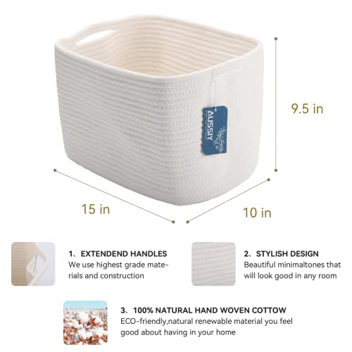 Aussiy 3 Pack Rope Baskets For Storage Basket, Cotton Rope Woven Basket With Handles. Blanket Basket For Storing Clothes, Toys, Books, Shelves Etc, 15''L X 10''W X 9.5''H,Brown/White #TOP1