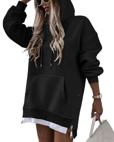 CHICME Womens Oversized Long Hoodie Dress Fall Outfits Comfrt Pullover Sweatshirt Winter Clothing-bk-XL Black