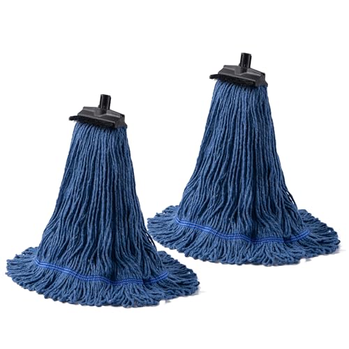 Image of Matthew Large Heavy Duty Mop Head Commercial Replacement for General and Floor Cleaning, Screw-on Wet Industrial Cotton Looped End String Head Refill (Blue Pack of 2) w /Built-in Flexible Bristle Brush