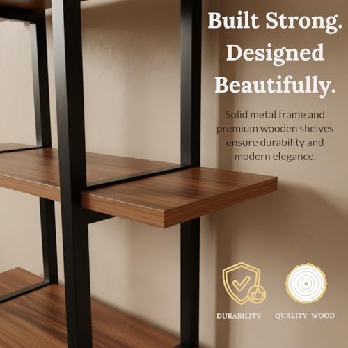 Image of Mighty Home Floating Wall Shelf with Black Metal Frame, Wooden Wall-Mounted Shelves for Books, Plants & Decor, DIY Organizer for Home & Office, Brown, 3-Tier