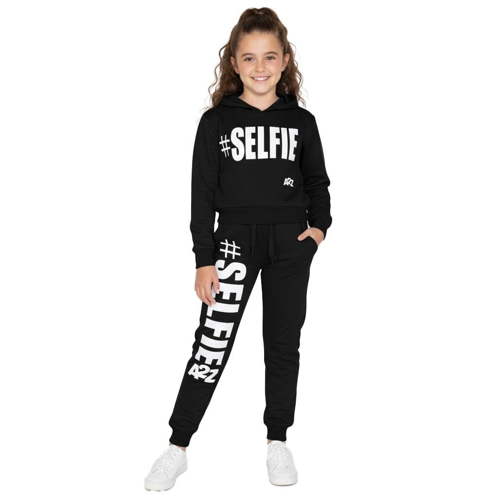 A2Z 4 Kids Girls Tracksuit Hoodie Sweatshirt Top Bottoms Comfortable - T.S Crop Selfie Black 11-12