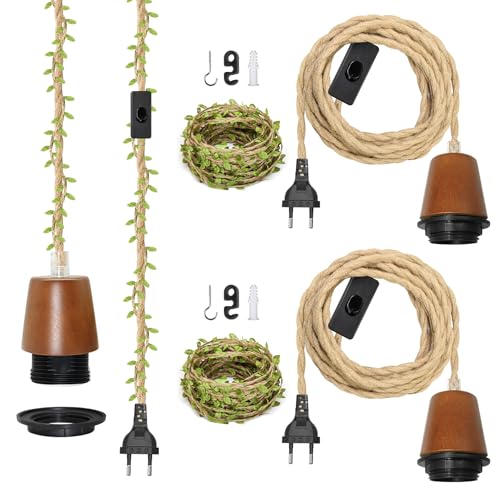 ZRLXFM 2 Piezas Portalámparas E27 con Enchufe y 510CM Cable, Rústica Lámpara de Cuerda de Cáñamo para Techo de Interruptor, Casquillos para Bombillas, Incluido Cordón Decorativo de Hojas Verdes de 5m