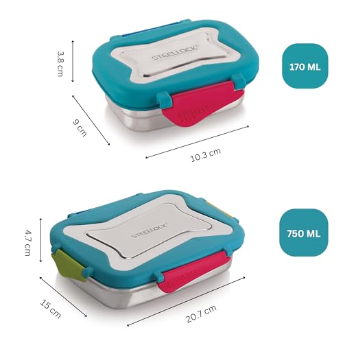 Image of STEELLOCK Smart Stainless Steel Tiffin Lunch Box for School and Office 2pc Set | Airtight & Leakproof | Rectangle| (1pc - 750ml & 1pc - 170ml) Romeo