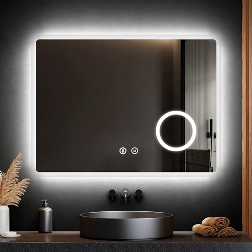 EMKE Bluetooth Bathroom Mirror with LED Lights and Shaver Socket, 60 x 80 cm Backlit LED Bathroom Mirror with Lights and Safety Shaver Socket/Anti-fog/Horizontal, IP44, Hardwired, IP44