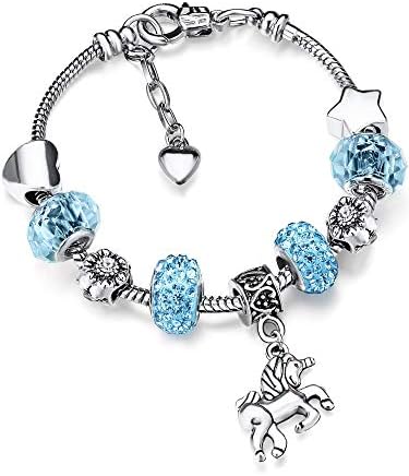 Zhanmai Unicorn Sparkly Crystal Charm Bracelet Bangle with Gift Box Set for Girl Lady (Sky Blue, 14 cm/ 5.5 Inch)