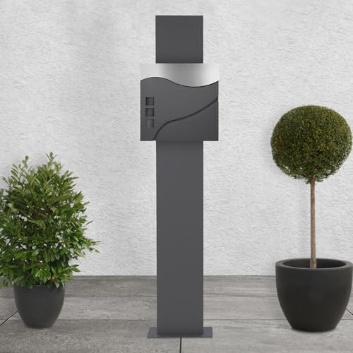 ECD Germany Standbriefkasten mit Zeitungsfach, Briefkasten Standfuß Freistehend, Briefkastenständer Anthrazit 170 cm, Postkasten Anthrazit/Silber 37x36,5 cm, Edelstahl Pulverbeschichtet/Matt gebürstet
