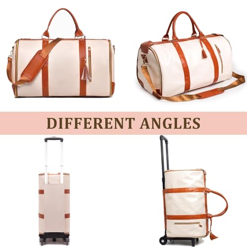 Rolling Garment Bag for Travel, Large Convertible Duffel Bag with Wheels – Foldable PU Leather Carry-On Luggage, Wrinkle-Free Hanging Compartment, Travle Jenni Bags for Women Men (Beige)4