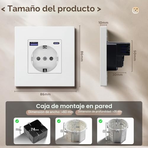 Miniatura 2 de Bseed Enchufe Pared, 16a 250v Schuko Enchufe Simple On Panel De Plastico, 1 Gang Con 20w Usb Type C, Blanco
