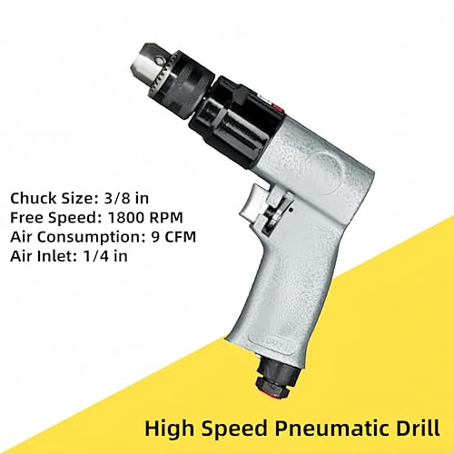 3/8” Air Drill, 1800RPM High Speed Pneumatic Drill, Reversible Rotation Air Drilling Tool for Wall Hole Drilling Furniture Machinery Production Maintenance - Thumbnail 2