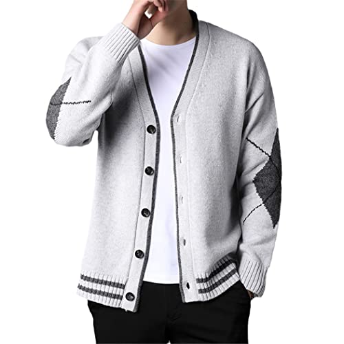 Men Fashion Cardigan Argyle Sweater Korean Casual Long Loose Cardigan