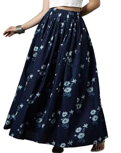 Image of Women's Floral Print Maxi Skirt, Maroon Red, 100% Pure Cotton, Elastic Waist, Full Length, Breathable Fabric