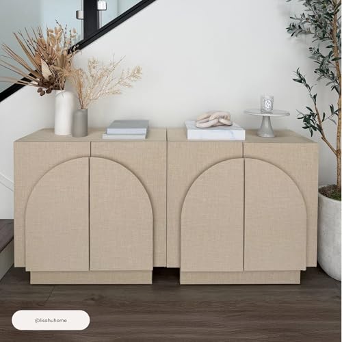 Image of Nathan James Iris Mid-Century Modern Buffet Sideboard Curio Cabinet, Arched Wooden Storage Cabinet with Doors, Beige Linen Finish, Set of 3