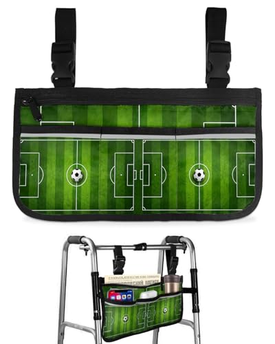 Green Football Field Wheelchair Side Bag Walk Bag Basket, Center Circle Soccer Ball Wheelchair Accessories Armrest Pouch, Organizer Storage Bags for Walkers, Rollators, Scooters, 7.3"x13"