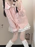 Shirt Frauen Rosa Süße Langarm Bluse Rüschen Patchwork Adrette Bubikragen Japanische Tops-Pink,S