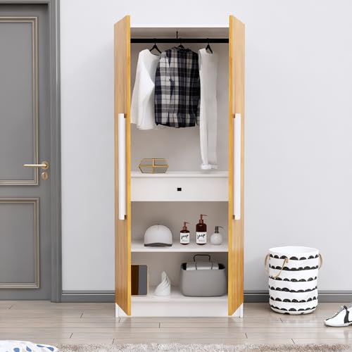 Image of Bniture 2 Door Wardrobe for Bedroom | Almirah for Clothes with 4 Shelves | Spacious Storage Cupboard for Bedroom | Wooden Wardrobe (46D x 80W x 182H CM) | 3 Years Warranty | Frosty White & Giant Wood