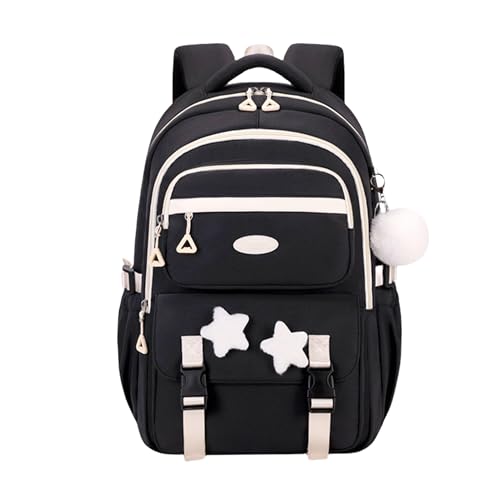 TYHOTULY Linda mochila feminina Kawaii grande capacidade para laptop universitário mochila para livros de viagem com alfinetes de estrela peluda (preto)