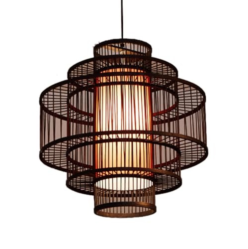 Lampada a sospensione grande a gabbia di bambù da 50 cm, con paralume in vimini pergamena beige/rosso, cesto di vimini naturale, lampada a sospensione per cucina, fattoria, sala da pranzo