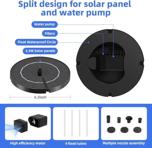 Solar Fountain for Bird Bath, Multiple Nozzles & Fixed Pipes, 3.5W Solar Water Pump, Suitable for Bird Bath, Garden, Courtyard, Fish Tank, Outdoors