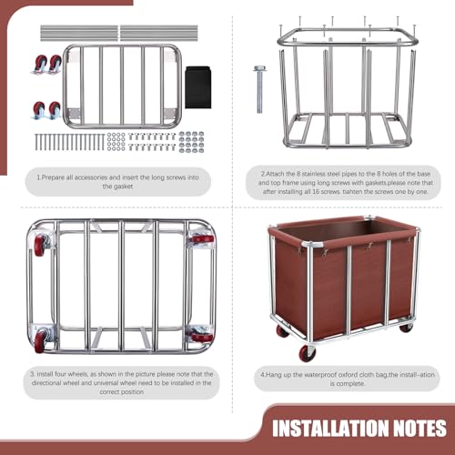 Carrito de lavandería comercial con ruedas, cubo grande con ruedas, forro impermeable extraíble, cesta de acero inoxidable para hoteles y hospitales