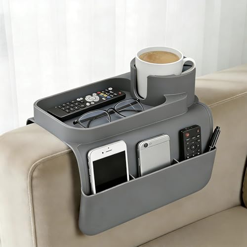 Sofa Arm Tray - Silicone Non-Slip Armchair Tray Caddy Arm Chair Armrest Table Trays with Double Side Pockets Sofa Organiser for Cups Phones Tablets Remote Control and Snacks (Gray)