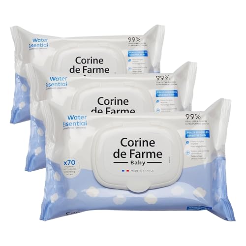 Corine de Farme - Lingettes Bébé Nettoyantes - Change Water Essential x70 - Produit de Toilette d'Origine Végétale - 99% d'Eau Purifiée - Capot Refermable (Lot de 3)