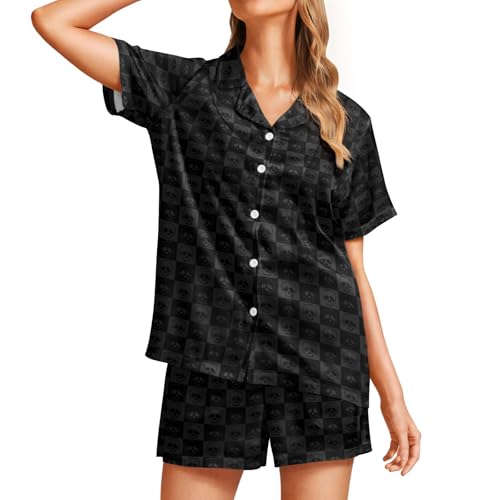 Image of Funny Pajamas for Women Set Print Satin Loungewear Pjs Short Sleeve Button Down Top and Shorts Sets Sleepwear XS-3XL