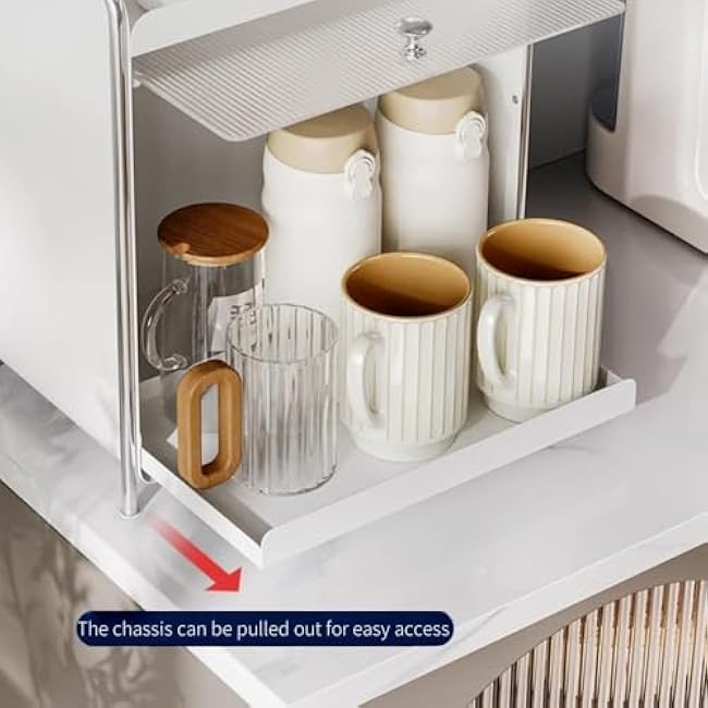 Acrylic Cup Storage Organizer with Flip-Up Door Countertop Mug Rack Cabinet with Pull-Out Tray for Kitchen Office & Vanity Beautiful