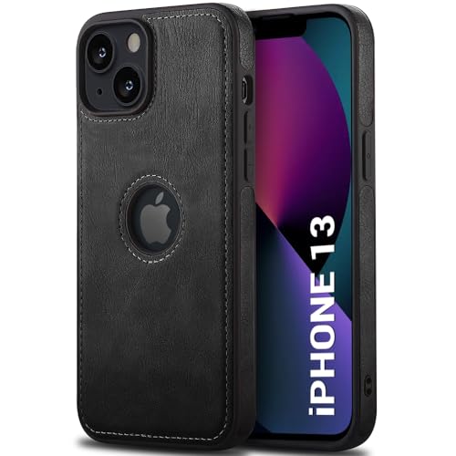 Image of TheGiftKart Genuine Leather Finish Back Cover Case for iPhone 13 | Shockproof Design | Raised Edges for Camera & Screen Protection | Stunning Minimalist Design Back Case Cover (Black Sides, Black)