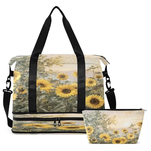 Sunflower Beige Duffel Bag for Women Men Gym Bag with Shoe Compartment Wet Pocket Carry On Weekender Overnight Bags for Travel Weekend Getaway