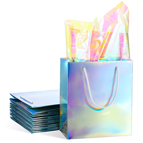 12 sacchetti regalo olografici argentati iridescenti con manici e 20 fogli di cellophane trasparente lucido arcobaleno riflettente per forniture per feste