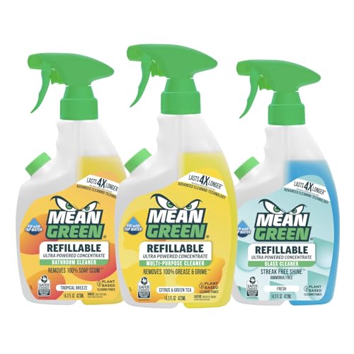 Mean Green Ultra Powered Refillable Cleaner Concentrate Variety 3 Pack Multi-Purpose Citrus & Green Tea Bathroom Tropical Breeze Glass Fresh 14.3 fl oz Each