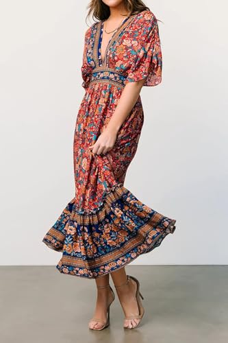 Image of R.Vivimos Women's Boho Floral Print Midi Dress with Pockets