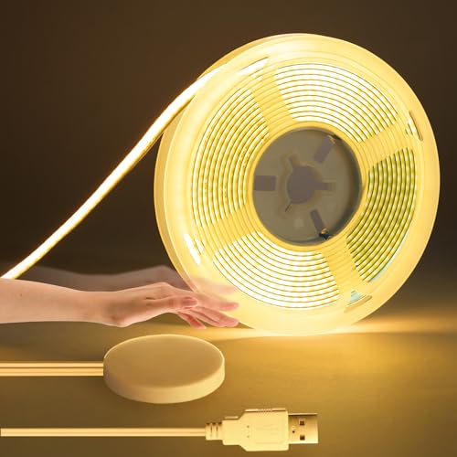 LRGBST 1M warm wit COB LED-strip, 5V USB LED-strip met doordringende houten aanrakingsdimmer voor akoestische paneelverlichting, kledingkast, keukens, vitrines, planken