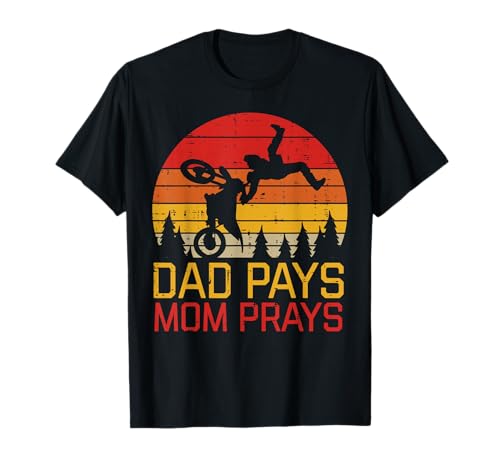 Dad Pays Mom Prays Dirt Bike Retro Motocross Boys Kids T-Shirt