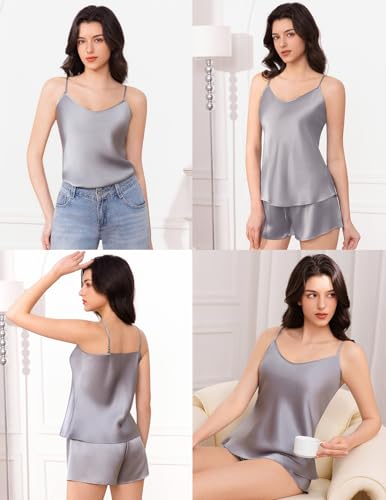Image of THXSILK Silk Women's Pajama 2 Piece Set 6A+ Grade 100% Mulberry Silk Nightgown Soft Luxury V Neck Cami Shorts Sets Sleepwear
