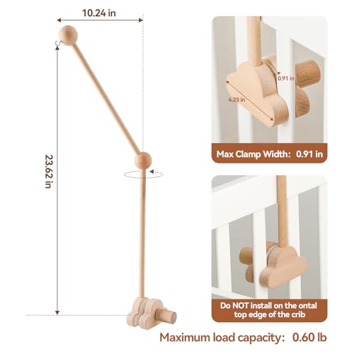 image for OESSUF Baby Crib Mobile Arm, 24 Inch Adjustable Wood Hanger, White Clo