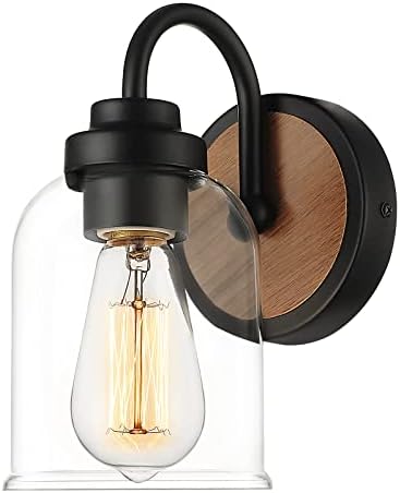 zeyu Farmhouse Vanity Light Fixture, Vintage Wall Lighting Sconce for Bathroom, Black and Wood Grain Paint Finish with Clear Glass Shade, ZJF64B BK+WD