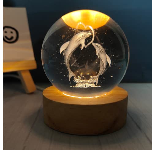 HoldOneLight Glowing 3D Inner Carved Crystal With Wood Base - Decorative Creative Gift Luminous Crystal for Christmas, Classmates and Kids Girls' Birthday (Dolphin)