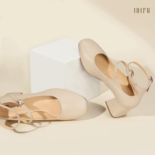 IDIFU IN2 Mary Jane Shoes Low Block Chunky Closed Toe Heels Dress Shoes for Women Square Toe Ankle Strap Wedding Prom Work Office Dressy Heels Comfortable Vintage Trendy Short Pumps3